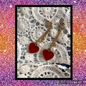 Red Heart Dangle Earrings w/Pearl Accent